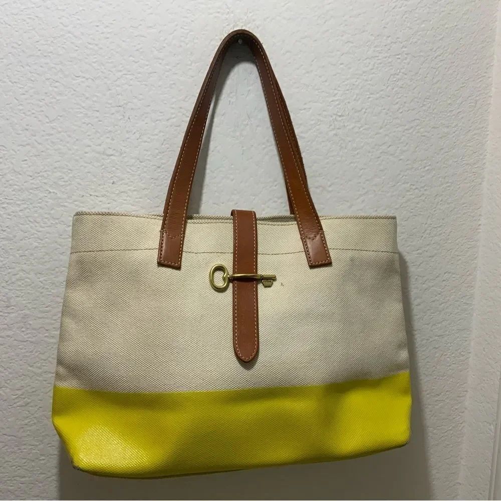 Fossil canvas tote multicolor leather trim